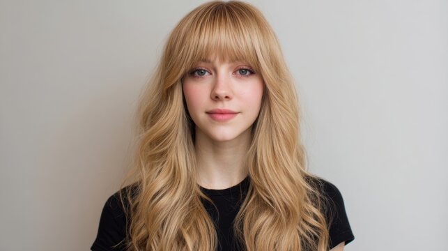 Portrait of a young woman with long wavy blonde hair and bangs