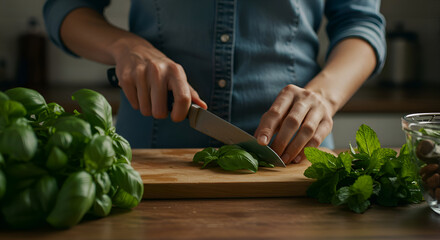 Young woman in denim shirt chopping fresh basil on a wooden cutting board in a kitchen. Home cook preparing ingredients with herbs.