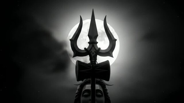 lord shiva statue trident full moon night sky