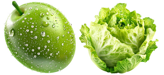 Obraz premium Collection of green apple with water drops and fresh lettuce head isolated on white background