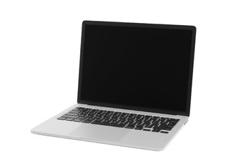 Pristine, modern, silver laptop with minimalist design, blank dark screen, and visible keyboard on a transparent, seamless background with copy space. Concept of modern technology and productivity