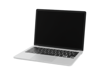 Pristine, modern, silver laptop with minimalist design, blank dark screen, and visible keyboard on a transparent, seamless background with copy space. Concept of modern technology and productivity
