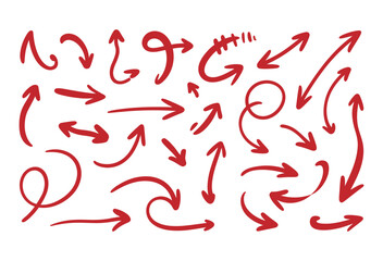 Set with red arrows, Collection of hand drawn red arrows pointing in various directions isolated, hand drawn symbols, pointers, collection 