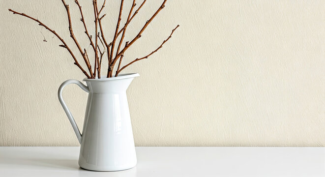 Simple White Pitcher with Brown Twigs on White Table Against Beige Wall