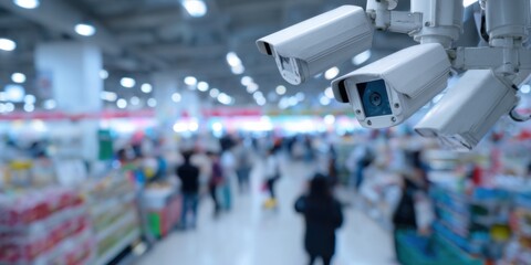 Security cameras monitor activity in a busy retail store during daytime shopping hours