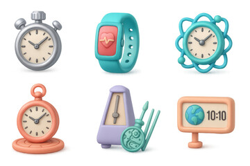 Colorful 3d timekeeping objects: clocks, watches, and gadgets in playful styles