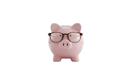 Pristine pink ceramic piggy bank with brown eyeglasses on a transparent desk, blurred background with corporate blue and green abstract shapes suggesting growth. Concept of financial wisdom and