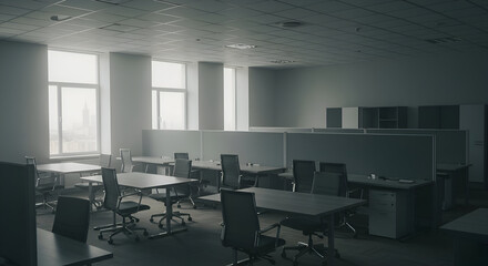 Empty modern office space with rows of desks and partitioned work areas. A view of a city skyline is visible through the large windows.