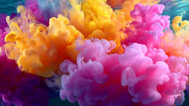 Cinematic macro slow-motion of vibrant pink, orange, and yellow ink explosion swirling underwater, delicate pigments exploding in fluid motion to create a dreamy abstract liquid art scene.
 - Powered by Adobe