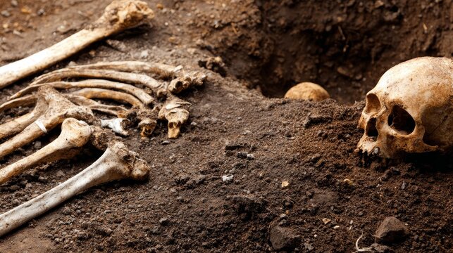 Ancient human skeleton curled in grave, detailed bones and joints in fetal position. Archaeological discovery of burial remains for anthropology or history study