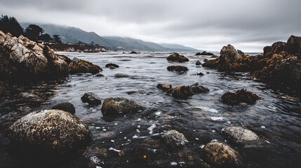 Rocky shoreline on a cloudy day.