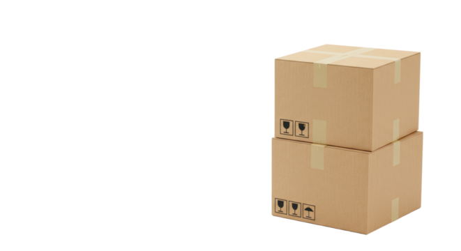 Three identical pristine brown cardboard boxes, sealed with tape, black shipping symbols, stacked on white, subtle shadow, symbolizing fragility and complexity in logistics