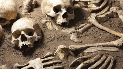 Ancient human skeleton curled in grave, detailed bones and joints in fetal position. Archaeological discovery of burial remains for anthropology or history study