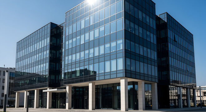 Modern Glass Office Building Exterior Under Clear Blue Sky: Contemporary Corporate Architecture and Urban Business Hub Facade