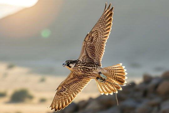 Backlit Falconry Bird in Majestic Flight, Wings Glowing at Sunset