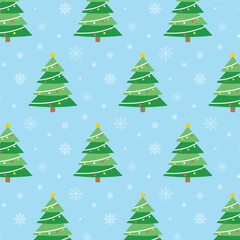 Christmas tree with snowflakes repeat pattern isolated on light blue background.Forest, green pine tree seamless pattern.Vector graphic illustration wallpaper.