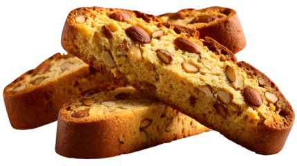 Delicious almond biscotti slices with visible nuts and crisp edges, perfect for a coffee break, snack, or dessert, isolated on transparent background