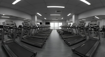 Empty modern gym with rows of treadmills in a professional setting. Aligned cardio equipment in a clean, spacious interior. Gym facility with modern technology.