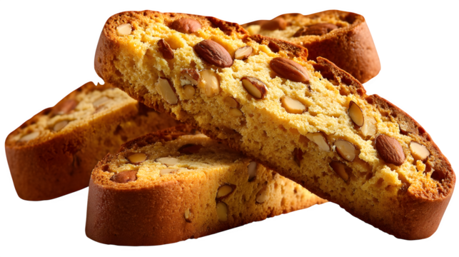 Delicious almond biscotti slices with visible nuts and crisp edges, perfect for a coffee break, snack, or dessert, isolated on transparent background