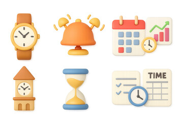 3d time management symbols: watch, alarm, calendar, clock tower, hourglass