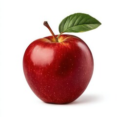 Shiny Red Apple with Green Leaf on White Background