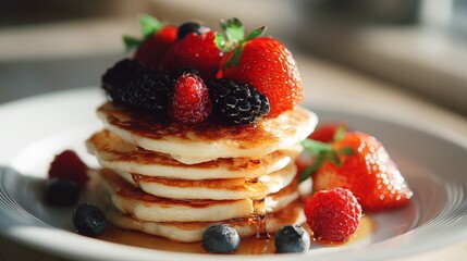 Stack of Fluffy Pancakes Topped with Fresh Strawberries, Blackberries, Blueberries, and Syrup on White Plate