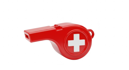 3d icon of a red whistle with a white cross, a symbol of medical assistance and emergency services, isolated on transparent background, calling for help and attention