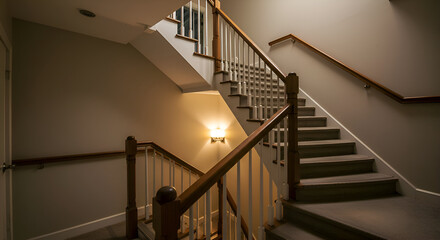 Fototapeta premium Interior wooden staircase with neutral painted walls and carpeted steps. A modern, well-lit interior staircase featuring a warm-toned ambiance.