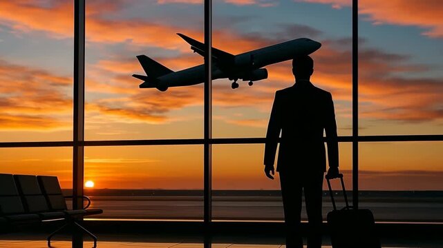 Silhouette of a man standing in a modern airport terminal with a suitcase, gazing through the large glass windows as a passenger airplane takes off into the vibrant sunset sky. - Powered by Adobe