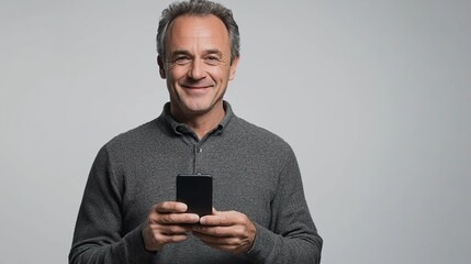 Adult man smiling with cell phone in his hand