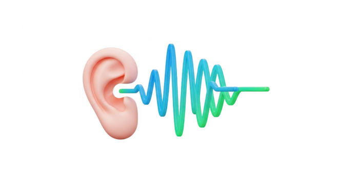 3d icon of ear with sound wave isolated on transparent background, representing hearing, listening, and audio frequency in human communication and technology