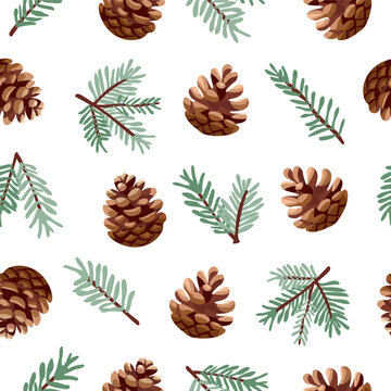 Seamless pattern with pine cones and branches. Christmas pattern for packaging, textile and printing. Vector illustration on isolated background.