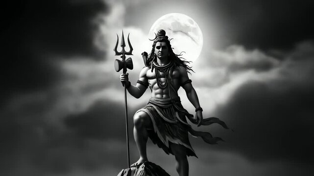 lord shiva on mountain with full moon and dark clouds