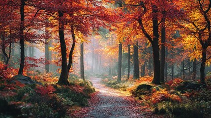 Fototapeta premium Vibrant autumn forest path winding through crimson amber golden foliage, morning mist sunbeams on leaf carpet, shallow DOF 8K ultradetailed