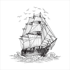 Illustration of a sailing ship on the sea isolated on white background