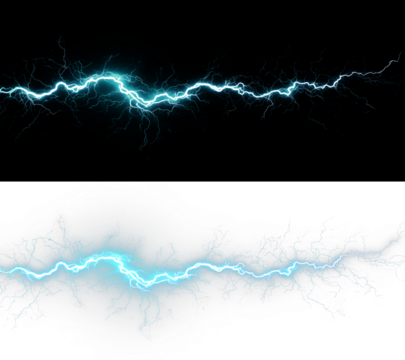 Bright blue lightning bolt with electric sparks and glowing energy PNG effect on a transparent background. Perfect for use in digital art, graphic design, animations, games