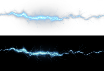 Bright blue lightning bolt with electric sparks and glowing energy PNG effect on a transparent background. Perfect for use in digital art, graphic design, animations, games