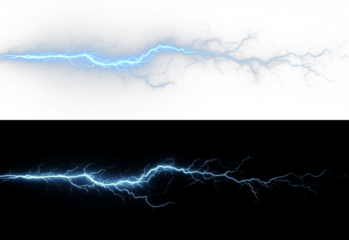 Bright blue lightning bolt with electric sparks and glowing energy PNG effect on a transparent background. Perfect for use in digital art, graphic design, animations, games