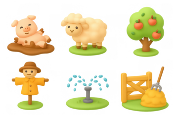 Cute farm animals and countryside elements in 3d cartoon style