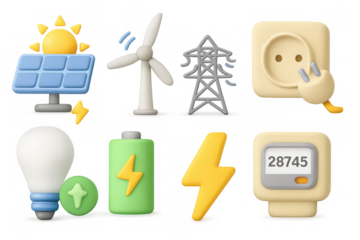 Renewable energy icons: solar, wind, and electrical elements in 3d cartoon style