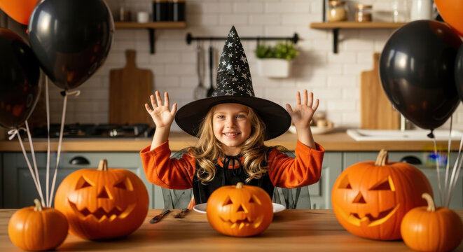 Joyful young girl in witch hat and costume celebrating halloween with carved pumpkins and balloons