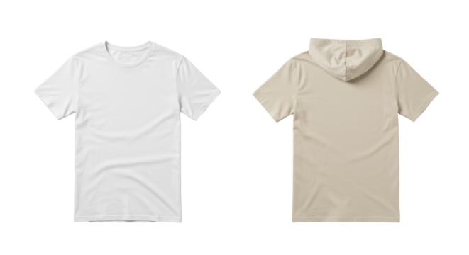 Two identical neutral unbranded basic garments, one front and one back, laid flat on a clean transparent background with copy space, soft even studio lighting, concept for versatile product mockup