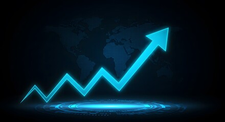 Glowing Blue Arrow Growth Symbol, Zigzag Line Financial Progress, Futuristic World Map Business Design, Modern Tech Analytics Illustration, Digital Success and Positive Trends Graphic