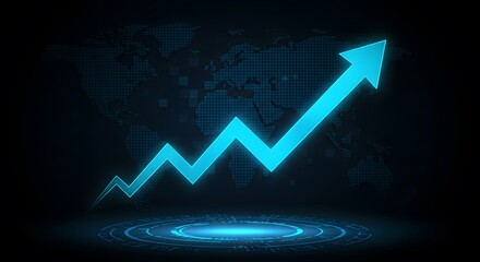 Glowing Blue Arrow Growth Symbol, Zigzag Line Financial Progress, Futuristic World Map Business Design, Modern Tech Analytics Illustration, Digital Success and Positive Trends Graphic