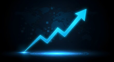 Glowing Blue Arrow Growth Symbol, Zigzag Line Financial Progress, Futuristic World Map Business Design, Modern Tech Analytics Illustration, Digital Success and Positive Trends Graphic