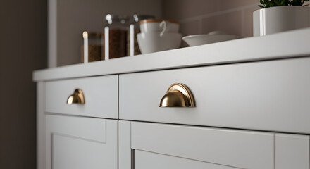 Gray kitchen cabinets with gold drawer pulls. Detailed view of a modern kitchen's cabinetry with elegant gold pulls on the drawers.