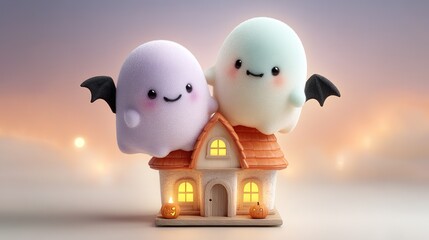 Whimsical Chibi Halloween Scene: Cute Ghost and Vampire Bat Floating Over Mini Haunted House, Pastel Colors, Isometric 3D Render with Copyspace