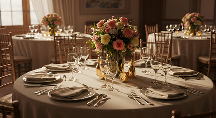 Elegant round tables set with pastel flowers, fine china, and glassware. A sophisticated, beautifully set banquet hall with softly lit, detailed, and meticulously arranged tables.