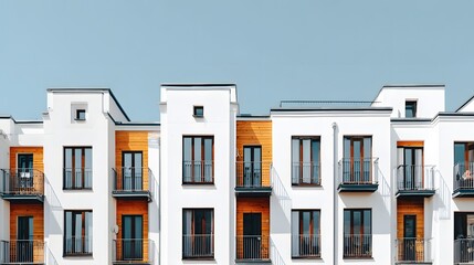 Obraz premium Modern apartment buildings with white facades and wooden accents.