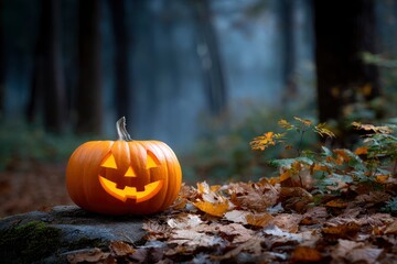 Glowing jackolantern sits on a mossy rock amid autumn leaves in a misty forest setting